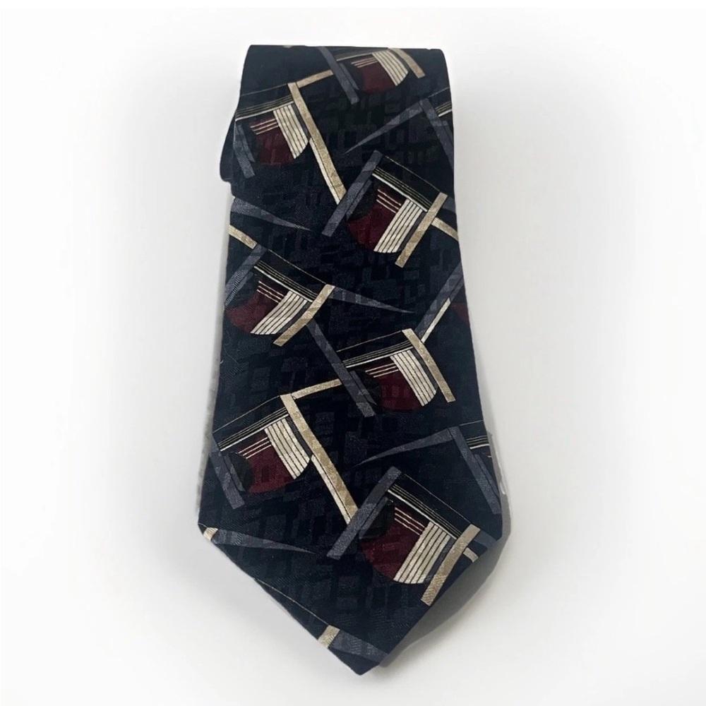 Conte di Milano 100% Silk Necktie Black Burgandy Geometric